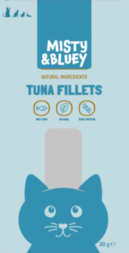 Niebieskie opakowanie Misty & Bluey Tuna Fillets dla kota, 30g, z logo, grafiką kota i info o 99% tuńczyka, monobiałkowe.