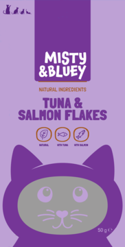 Przysmak dla kota Misty & Bluey Tuna & Salmon Flakes, fioletowe opakowanie z głową kota, widok z przodu.