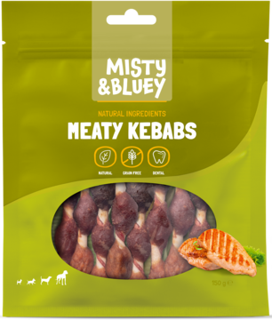 Misty & Bluey Meaty Kebabs, zielone opakowanie, mięsne przysmaki dla psa z przezroczystym oknem, naturalne, bezzbożowe.