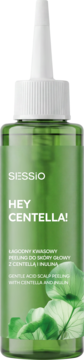 Zielona butelka Sessio Hey Centella! z białym aplikatorem, peeling kwasowy do skóry głowy, widok z przodu.