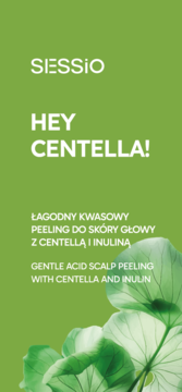 Zielona ulotka Sessio Hey Centella! delikatny peeling kwasowy z centellą i inuliną. Biały tekst, liście.