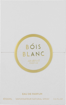 Woda perfumowana unisex Arabiyat Prestige Bóis Blanc, białe pudełko z centralną złotą etykietą, widok z przodu.