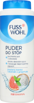 Biała butelka Fuss Wohl Puder Do Stóp z niebieską nakrętką. Odświeżający puder z mentolem i grejpfrutem. Widok z przodu.