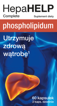 HepaHELP Complete phospholipid suplement diety. Opakowanie z rysunkiem wątroby na niebieskim tle, wspiera wątrobę.