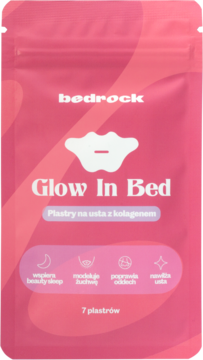 Różowe opakowanie Bedrock Glow In Bed, plastry na usta z kolagenem do spania, widok z przodu.