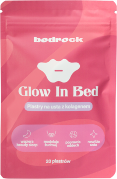 Różowa saszetka Bedrock Glow In Bed, 20 plastrów na usta z kolagenem do snu, widok z przodu.