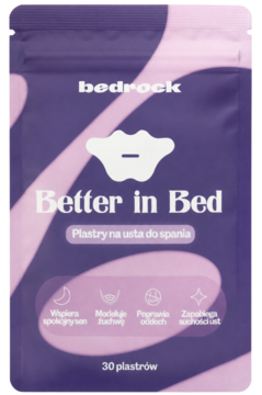 Zbliżenie na opakowanie Bedrock Better in Bed, jedwabne plastry na usta do spania, wspierające oddech nosem.