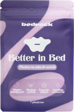 Fioletowa torebka Bedrock Better in Bed, Plastry na usta do spania, z białym logo i ikonami, widok z przodu.