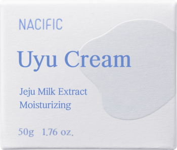 Białe pudełko NACIFIC Uyu Cream, nawilżającego kremu z Jeju Milk Extract 50g, z niebieskim tekstem.