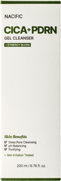 NACIFIC CICA+PDRN Gel Cleanser, biała butelka z zielonym napisem, widok z przodu, 200 ml.