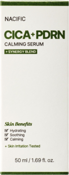 NACIFIC CICA+PDRN Calming Serum, białe pudełko 50 ml z zielonymi napisami, z przodu widać 'Skin Benefits'.