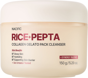 NACIFIC Rice Pepta Collagen Gelato Pack Cleanser, beżowe opakowanie 150g z białą pokrywką, widok z przodu.