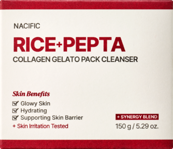 Nacific Rice+Pepta Collagen Gelato Pack Cleanser, białe pudełko z czerwonymi akcentami, wspiera glow i nawilżenie.