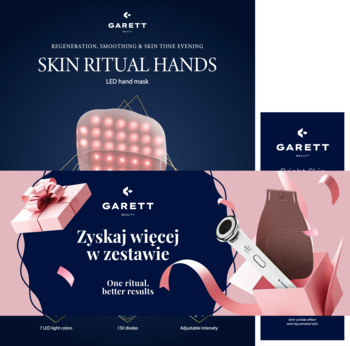 Zestaw Garett Beauty: brązowa maska LED Skin Ritual Hands i białe urządzenie Bright Skin na tle prezentu.