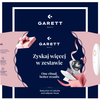 Zestaw Garett Beauty Perfect Body biały i Cellu Body srebrny do masażu antycellulitowego na ozdobnym tle.