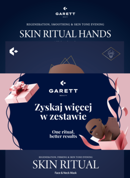Baner reklamowy Garett Beauty Skin Ritual: maski LED na dłonie, twarz i szyję, z gift boxem na ciemnoniebieskim tle.