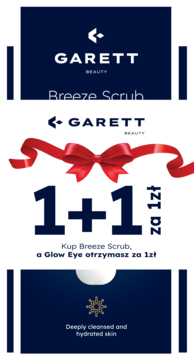 Reklama Garett Beauty 1+1: Kup Breeze Scrub, Glow Eye za 1zł. Granatowy baner z czerwoną kokardą i logo.