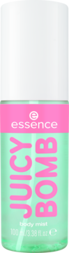 Mgiełka essence JUICY BOMB, 100 ml. Biała nakrętka, miętowa butelka z różowym napisem i logo, widok z przodu.