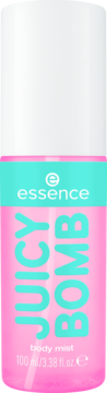 Różowo-turkusowa mgiełka do ciała essence JUICY BOMB, butelka 100ml z białą nakrętką, widok z przodu.