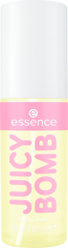 Mgiełka do ciała essence JUICY BOMB Pineapple Paradise, biała z różowym pasem i żółtym dołem, przód.