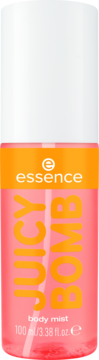 Mgiełka essence JUICY BOMB, tropikalny mango i papaja. Różowa butelka z pomarańczową etykietą, widok z przodu.