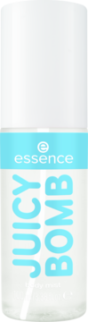 Biała butelka mgiełki Essence JUICY BOMB tropical drop 109 Coconut Crush, z błękitnym napisem, widok z przodu.