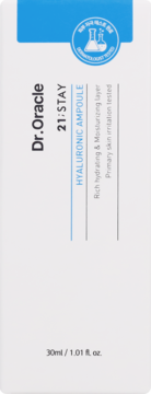 Dr. Oracle 21;STAY Hyaluronic Ampoule 30ml, białe pudełko z niebieskim logiem i pionowym tekstem.