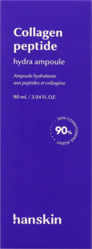 Fioletowe pudełko Hanskin Collagen Peptide hydra ampoule 90 ml, widok z przodu, tekst i okrągłe logo 90%.