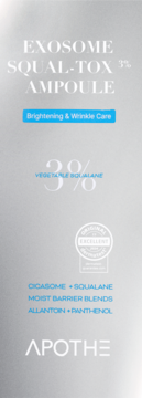 Srebrne pudełko Apothe Exosome Squal-Tox 3% Ampoule, przód, z napisem Brightening & Wrinkle Care.