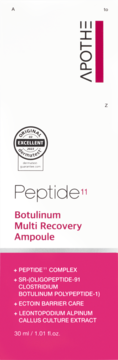 Apothe Peptide 11 Botulinum Multi Recovery Ampoule: białe pudełko z różowym dołem i pionowym logo APOTHE, widok z przodu.