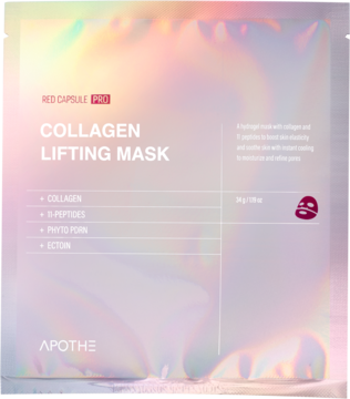 Apothe Red Capsule Pro Collagen Lifting Mask w holograficznej saszetce, widok z przodu, z różowymi napisami.