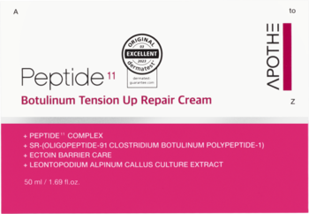 Apothe Peptide 11 Botulinum Tension Up Repair Cream, biało-różowe pudełko ujędrniającego kremu, widok z przodu.