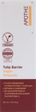Apothe Tulip Barrier Vegan Ampoule, przód opakowania, biało-bordowe, z certyfikatem vegan i składnikami.