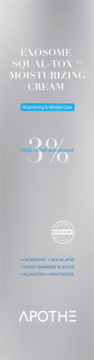 Srebrny krem Apothe Exosome Squal-Tox Moisturizing Cream, z przodu napisy 'Brightening & Wrinkle Care', '3% Squalane'.