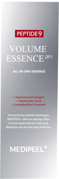 Szare opakowanie MEDIPEEL PEPTIDE 9 VOLUME ESSENCE, wielofunkcyjna esencja do twarzy z peptydami.