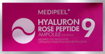 Różowe opakowanie Medi-Peel Hyaluron Rose Peptide 9 Ampoule Eye Patch, hydrożelowe płatki, przód.