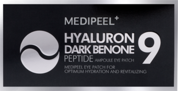 Ciemne opakowanie Medi-Peel Hyaluron Dark Benone Peptide 9 Ampoule Eye Patch, ze srebrnym logo i cyfrą 9, widok z przodu.