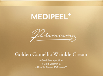 Złote opakowanie MediPeel Golden Camellia Wrinkle Cream, widok z przodu, z wymienionymi składnikami.