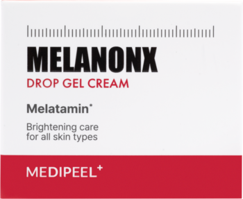Białe pudełko Medi-Peel Melanon X Drop Gel Cream z czerwonym paskiem na dole i dużym napisem "MELANONX", widok z przodu.