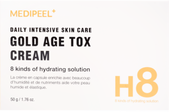 Krem Medi-Peel Gold Age Tox, beżowe opakowanie z przodu, pomarańczowe logo i wyróżniony kompleks H8.