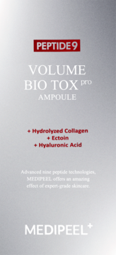 MEDIPEEL Peptide 9 Volume Bio Tox Pro Ampoule, biało-srebrne pudełko z czerwonym napisem PEPTIDE 9, widok z przodu.