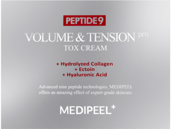 Szara etykieta Medi-Peel Peptide 9 Volume & Tension Tox Cream Pro, z kolagenem i kwasem hialuronowym.