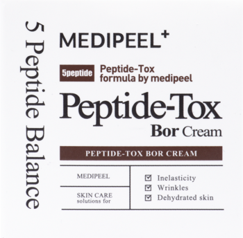 MEDIPEEL+ Peptide-Tox Bor Cream, białe pudełko, widok z przodu. Krem przeciwzmarszczkowy na ujędrnienie i zmarszczki.