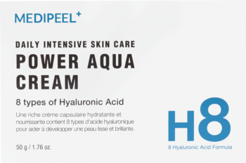 Krem Medi-Peel Power Aqua w białym pudełku, widok z przodu, z dużym napisem H8 i '8 types of Hyaluronic Acid'.