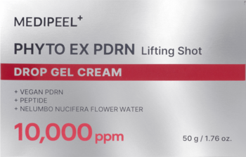 MEDIPEEL+ Phyto EX PDRN liftingujący krem-żel, srebrne opakowanie z czerwonym akcentem, widok z przodu.