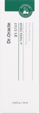 Białe pudełko Dr. Oracle 21;STAY A-THERA CREAM 50ml, z zielonym paskiem i etykietą "Dermatologist Tested", widok z przodu.