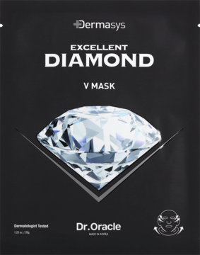 Czarne opakowanie maski Derma:sys Excellent Diamond V Mask, z grafiką diamentu i ikoną maski z uchwytami.
