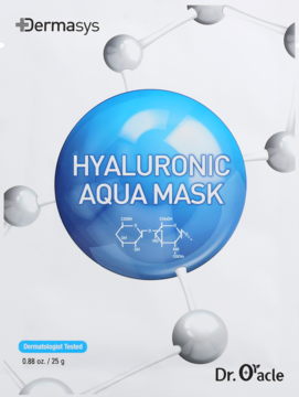 Przód białej saszetki Dr. Oracle Hyaluronic Aqua Mask w płachcie, z dużą niebieską kulą i nazwą produktu.