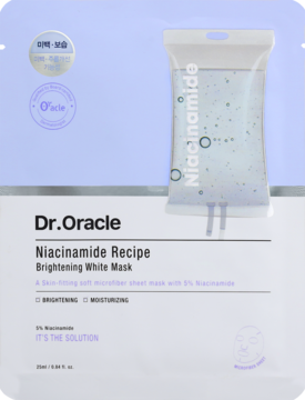 Dr.Oracle Niacinamide Recipe Brightening White Mask. Biało-fioletowa saszetka z kroplówką, przód.