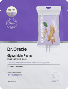 Dr.Oracle Glycyrrhizin Recipe Calming Purple Mask, fioletowo-białe opakowanie z ilustracją korzenia lukrecji, widok z przodu.
